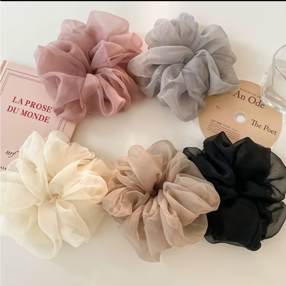 Elegant Chiffon Hair Scrunchies Set of 5 Black Gray Pink Cream Tan Scrunchie Bow